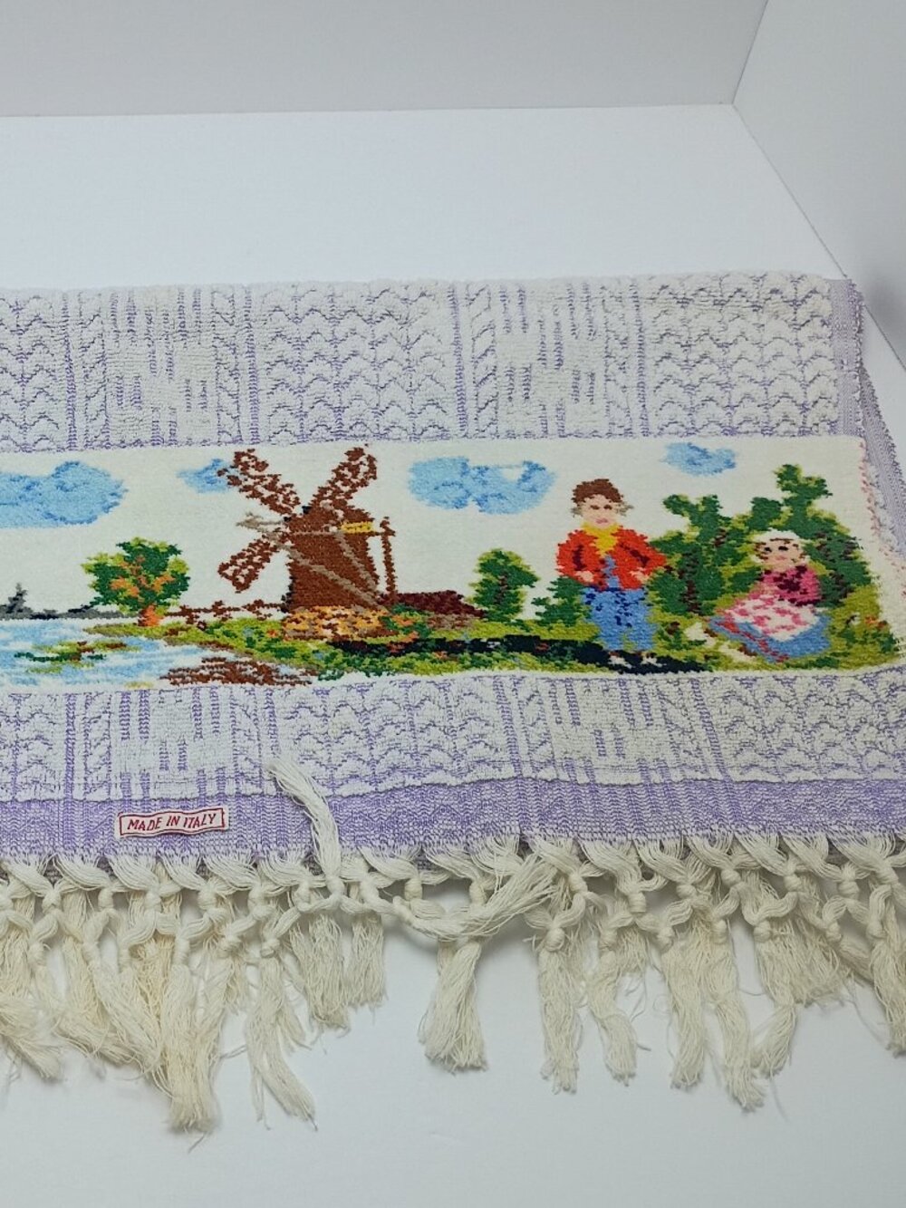 Rare Find Made in Italy Woven Cottage Windmill Scene Body Bath Towel Fringe